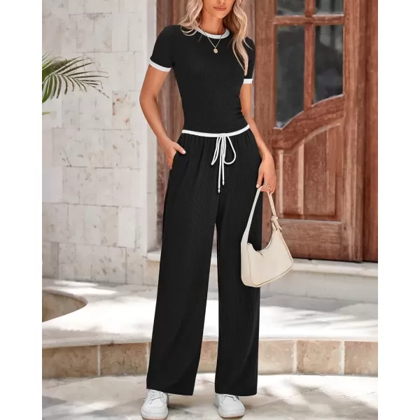 imageBTFBM Womens 2 Piece Outfits Summer Casual Short Sleeve Crew Neck Cropped Tops Elastic Waist Wide Leg Pants Lounge SetBlack
