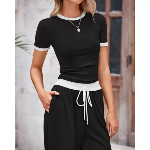 imageBTFBM Womens 2 Piece Outfits Summer Casual Short Sleeve Crew Neck Cropped Tops Elastic Waist Wide Leg Pants Lounge SetBlack