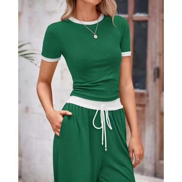 imageBTFBM Womens 2 Piece Outfits Summer Casual Short Sleeve Crew Neck Cropped Tops Elastic Waist Wide Leg Pants Lounge SetDark Green