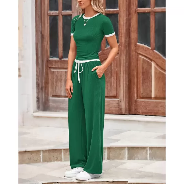 imageBTFBM Womens 2 Piece Outfits Summer Casual Short Sleeve Crew Neck Cropped Tops Elastic Waist Wide Leg Pants Lounge SetDark Green
