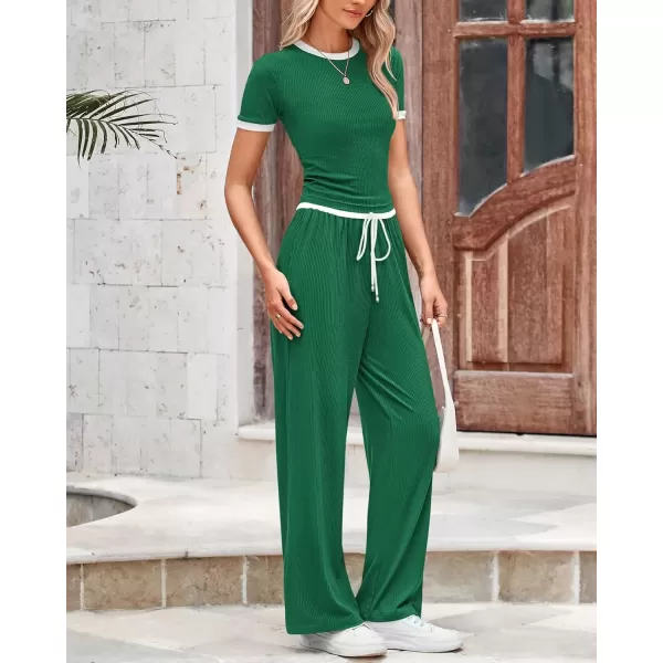 imageBTFBM Womens 2 Piece Outfits Summer Casual Short Sleeve Crew Neck Cropped Tops Elastic Waist Wide Leg Pants Lounge SetDark Green