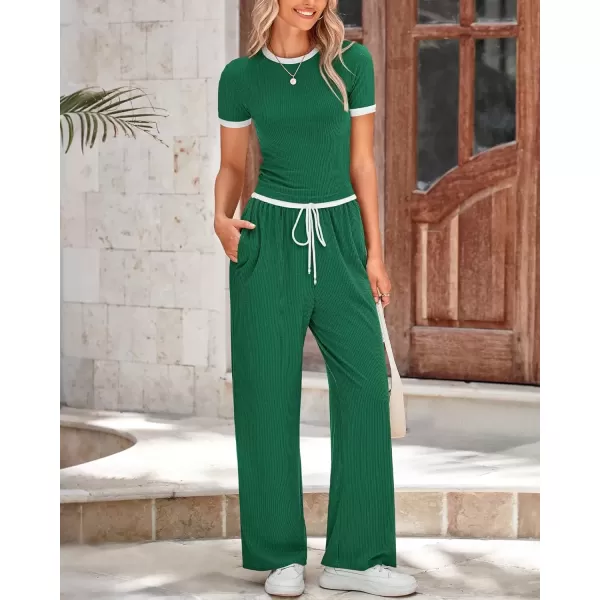 imageBTFBM Womens 2 Piece Outfits Summer Casual Short Sleeve Crew Neck Cropped Tops Elastic Waist Wide Leg Pants Lounge SetDark Green