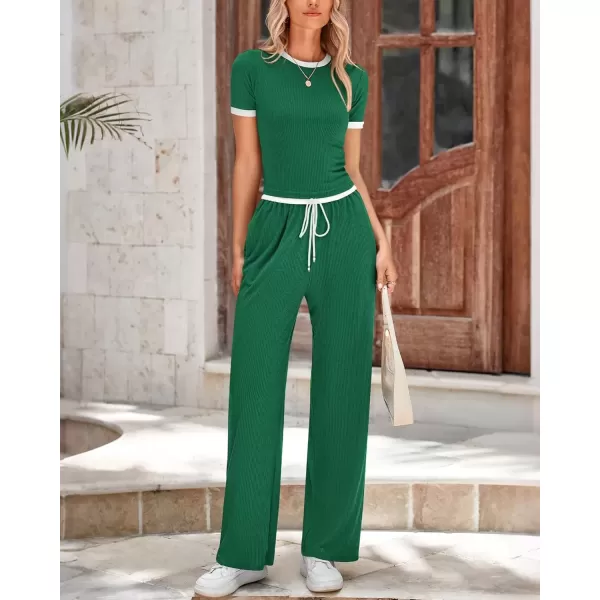 imageBTFBM Womens 2 Piece Outfits Summer Casual Short Sleeve Crew Neck Cropped Tops Elastic Waist Wide Leg Pants Lounge SetDark Green