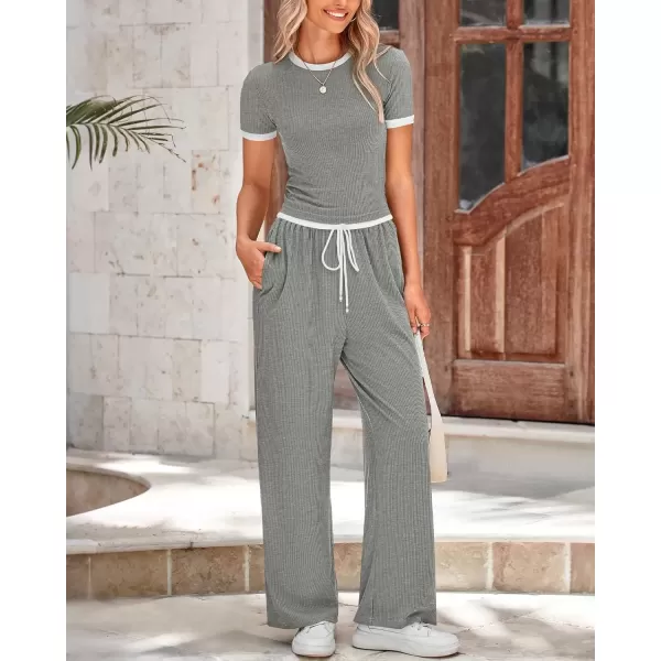 imageBTFBM Womens 2 Piece Outfits Summer Casual Short Sleeve Crew Neck Cropped Tops Elastic Waist Wide Leg Pants Lounge SetGrey