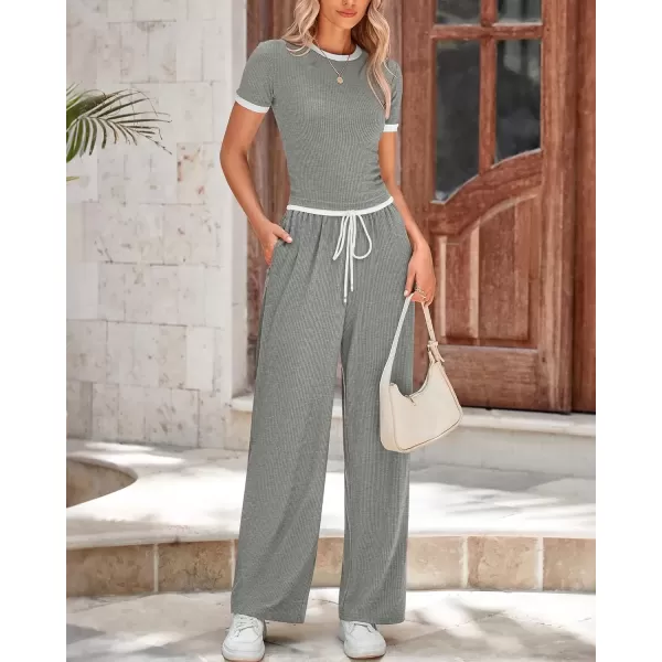 imageBTFBM Womens 2 Piece Outfits Summer Casual Short Sleeve Crew Neck Cropped Tops Elastic Waist Wide Leg Pants Lounge SetGrey