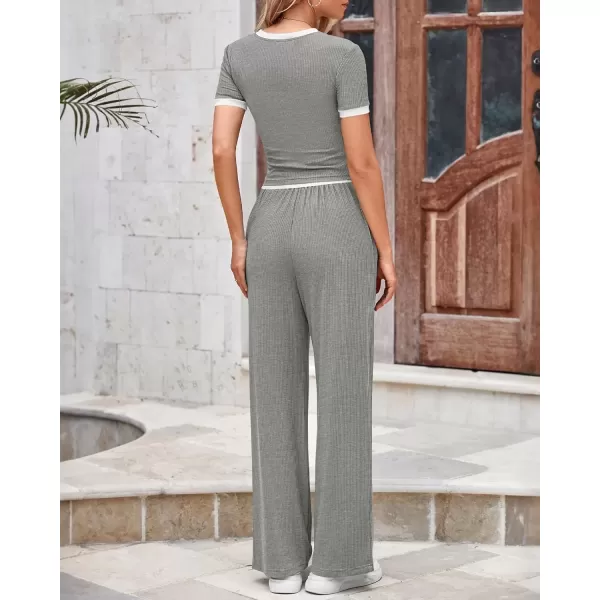 imageBTFBM Womens 2 Piece Outfits Summer Casual Short Sleeve Crew Neck Cropped Tops Elastic Waist Wide Leg Pants Lounge SetGrey