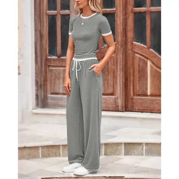 imageBTFBM Womens 2 Piece Outfits Summer Casual Short Sleeve Crew Neck Cropped Tops Elastic Waist Wide Leg Pants Lounge SetGrey