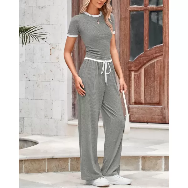 imageBTFBM Womens 2 Piece Outfits Summer Casual Short Sleeve Crew Neck Cropped Tops Elastic Waist Wide Leg Pants Lounge SetGrey