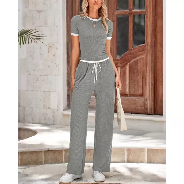 imageBTFBM Womens 2 Piece Outfits Summer Casual Short Sleeve Crew Neck Cropped Tops Elastic Waist Wide Leg Pants Lounge SetGrey