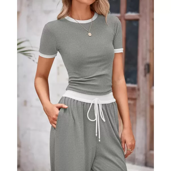 imageBTFBM Womens 2 Piece Outfits Summer Casual Short Sleeve Crew Neck Cropped Tops Elastic Waist Wide Leg Pants Lounge SetGrey