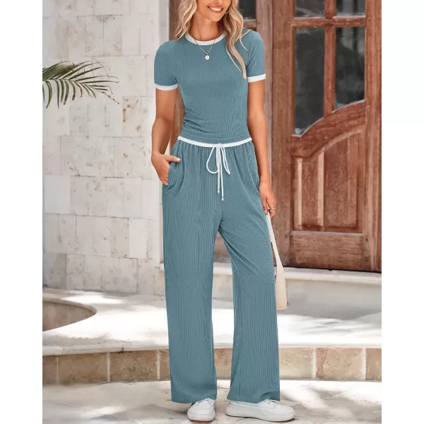 imageBTFBM Womens 2 Piece Outfits Summer Casual Short Sleeve Crew Neck Cropped Tops Elastic Waist Wide Leg Pants Lounge SetGrey Blue