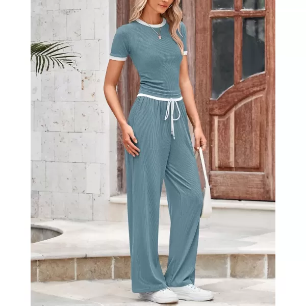 imageBTFBM Womens 2 Piece Outfits Summer Casual Short Sleeve Crew Neck Cropped Tops Elastic Waist Wide Leg Pants Lounge SetGrey Blue