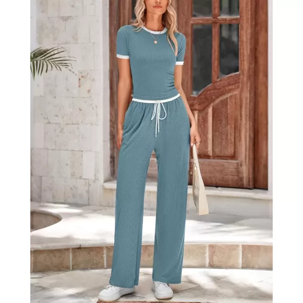 imageBTFBM Womens 2 Piece Outfits Summer Casual Short Sleeve Crew Neck Cropped Tops Elastic Waist Wide Leg Pants Lounge SetGrey Blue