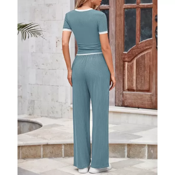 imageBTFBM Womens 2 Piece Outfits Summer Casual Short Sleeve Crew Neck Cropped Tops Elastic Waist Wide Leg Pants Lounge SetGrey Blue