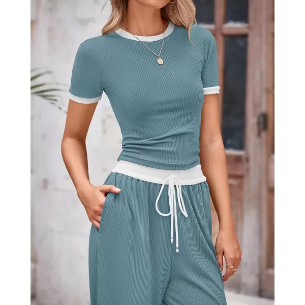 imageBTFBM Womens 2 Piece Outfits Summer Casual Short Sleeve Crew Neck Cropped Tops Elastic Waist Wide Leg Pants Lounge SetGrey Blue