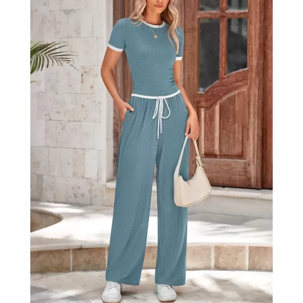 imageBTFBM Womens 2 Piece Outfits Summer Casual Short Sleeve Crew Neck Cropped Tops Elastic Waist Wide Leg Pants Lounge SetGrey Blue