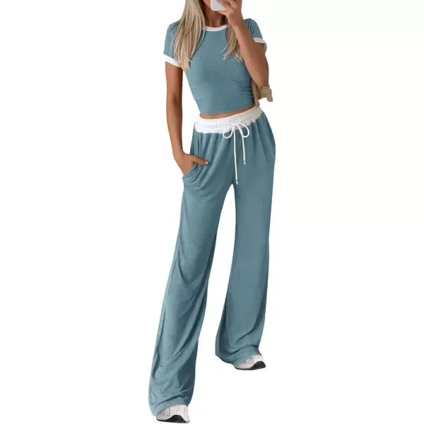 imageBTFBM Womens 2 Piece Outfits Summer Casual Short Sleeve Crew Neck Cropped Tops Elastic Waist Wide Leg Pants Lounge SetGrey Blue
