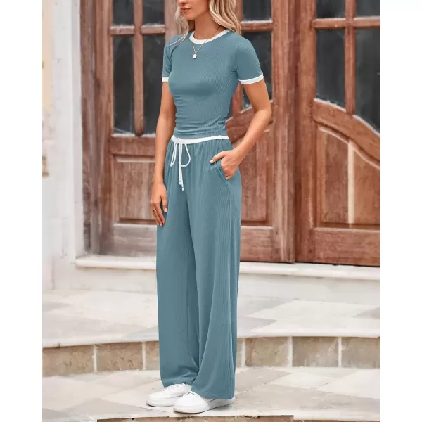 imageBTFBM Womens 2 Piece Outfits Summer Casual Short Sleeve Crew Neck Cropped Tops Elastic Waist Wide Leg Pants Lounge SetGrey Blue