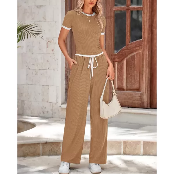 imageBTFBM Womens 2 Piece Outfits Summer Casual Short Sleeve Crew Neck Cropped Tops Elastic Waist Wide Leg Pants Lounge SetKhaki