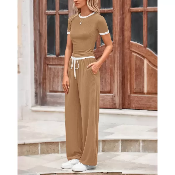 imageBTFBM Womens 2 Piece Outfits Summer Casual Short Sleeve Crew Neck Cropped Tops Elastic Waist Wide Leg Pants Lounge SetKhaki