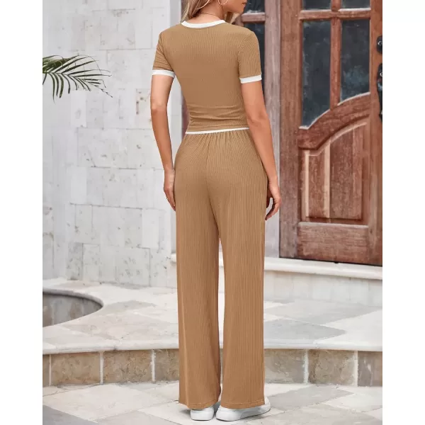 imageBTFBM Womens 2 Piece Outfits Summer Casual Short Sleeve Crew Neck Cropped Tops Elastic Waist Wide Leg Pants Lounge SetKhaki