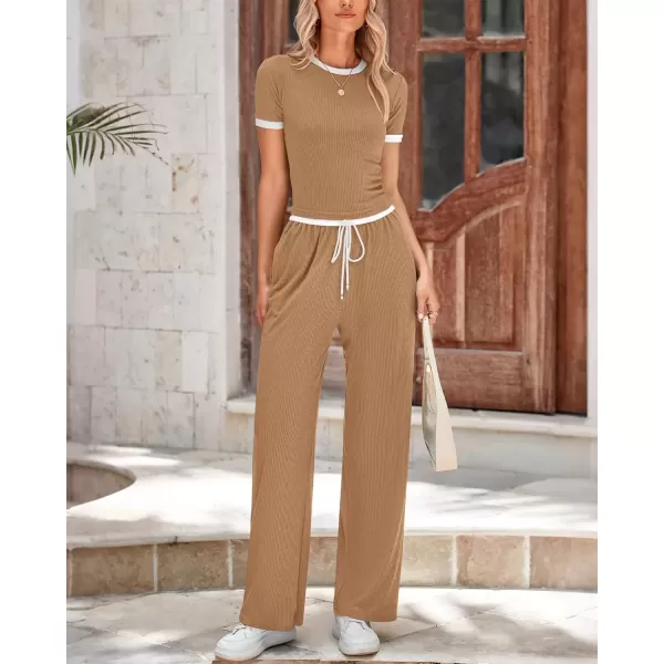 imageBTFBM Womens 2 Piece Outfits Summer Casual Short Sleeve Crew Neck Cropped Tops Elastic Waist Wide Leg Pants Lounge SetKhaki