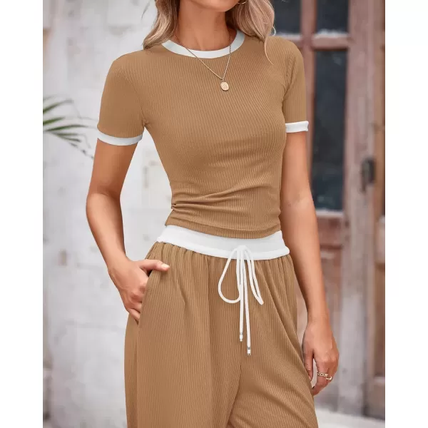 imageBTFBM Womens 2 Piece Outfits Summer Casual Short Sleeve Crew Neck Cropped Tops Elastic Waist Wide Leg Pants Lounge SetKhaki