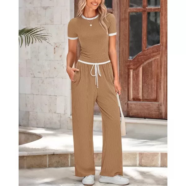 imageBTFBM Womens 2 Piece Outfits Summer Casual Short Sleeve Crew Neck Cropped Tops Elastic Waist Wide Leg Pants Lounge SetKhaki