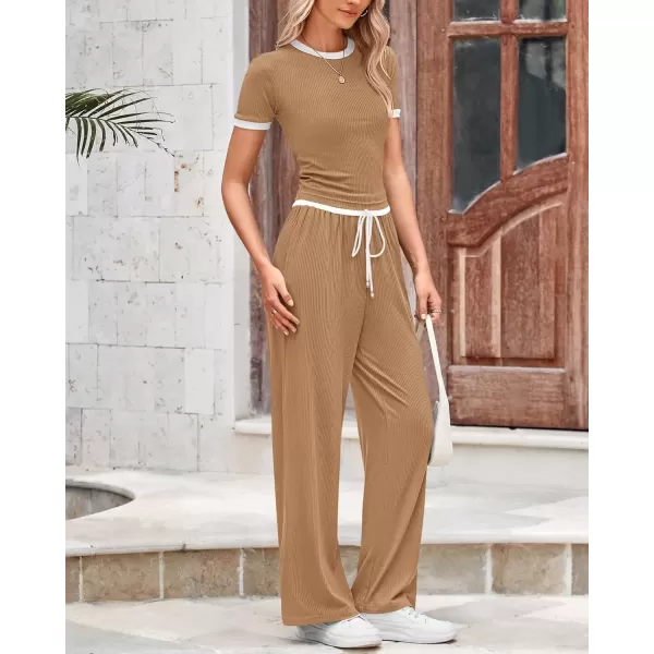 imageBTFBM Womens 2 Piece Outfits Summer Casual Short Sleeve Crew Neck Cropped Tops Elastic Waist Wide Leg Pants Lounge SetKhaki