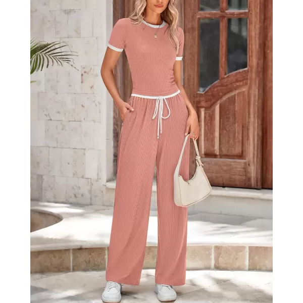 imageBTFBM Womens 2 Piece Outfits Summer Casual Short Sleeve Crew Neck Cropped Tops Elastic Waist Wide Leg Pants Lounge SetPink