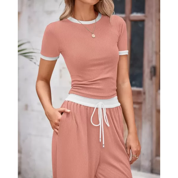 imageBTFBM Womens 2 Piece Outfits Summer Casual Short Sleeve Crew Neck Cropped Tops Elastic Waist Wide Leg Pants Lounge SetPink