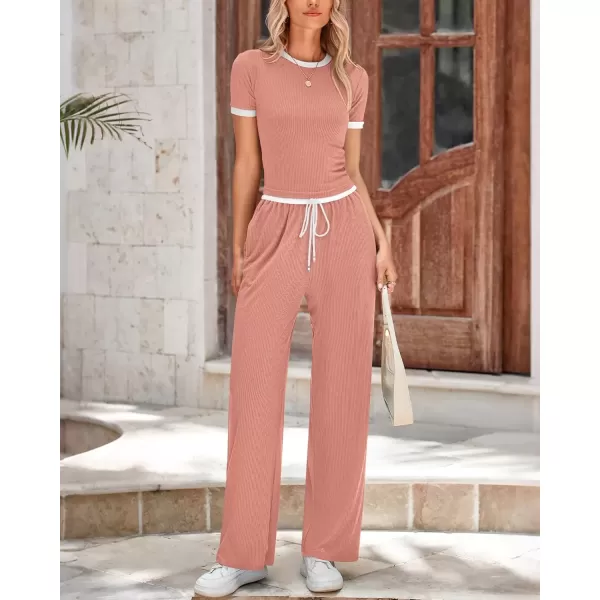 imageBTFBM Womens 2 Piece Outfits Summer Casual Short Sleeve Crew Neck Cropped Tops Elastic Waist Wide Leg Pants Lounge SetPink