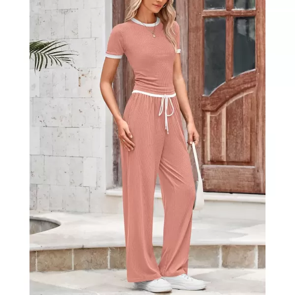 imageBTFBM Womens 2 Piece Outfits Summer Casual Short Sleeve Crew Neck Cropped Tops Elastic Waist Wide Leg Pants Lounge SetPink
