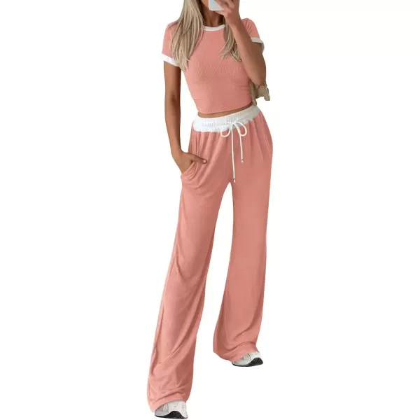 imageBTFBM Womens 2 Piece Outfits Summer Casual Short Sleeve Crew Neck Cropped Tops Elastic Waist Wide Leg Pants Lounge SetPink