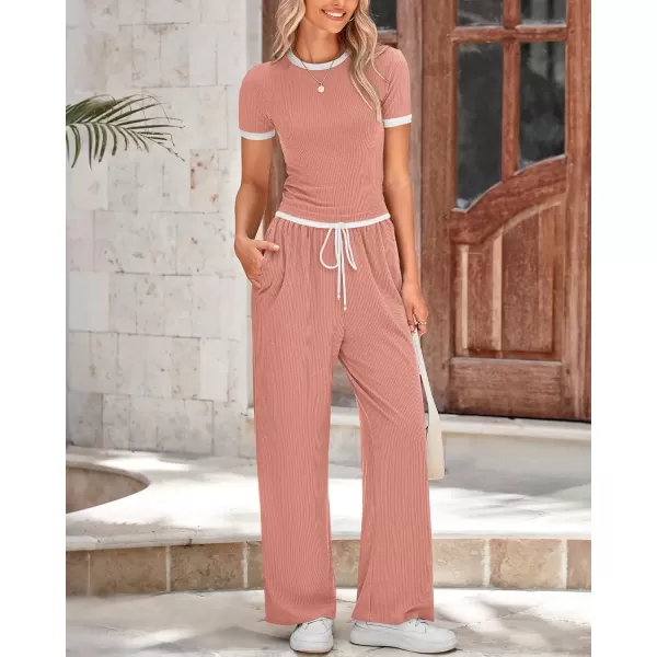 imageBTFBM Womens 2 Piece Outfits Summer Casual Short Sleeve Crew Neck Cropped Tops Elastic Waist Wide Leg Pants Lounge SetPink