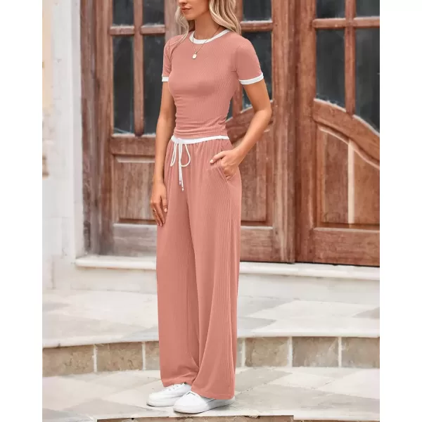 imageBTFBM Womens 2 Piece Outfits Summer Casual Short Sleeve Crew Neck Cropped Tops Elastic Waist Wide Leg Pants Lounge SetPink
