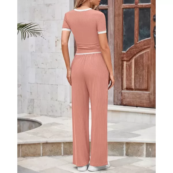 imageBTFBM Womens 2 Piece Outfits Summer Casual Short Sleeve Crew Neck Cropped Tops Elastic Waist Wide Leg Pants Lounge SetPink