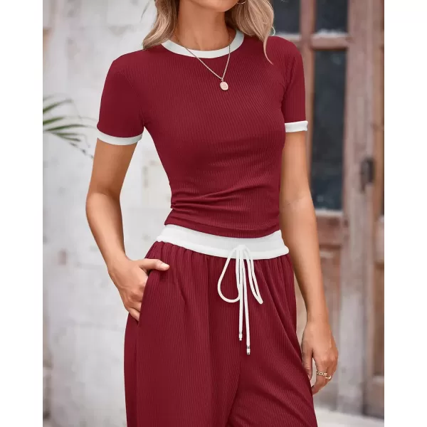 imageBTFBM Womens 2 Piece Outfits Summer Casual Short Sleeve Crew Neck Cropped Tops Elastic Waist Wide Leg Pants Lounge SetWine Red