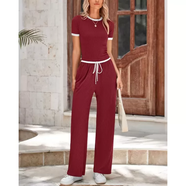 imageBTFBM Womens 2 Piece Outfits Summer Casual Short Sleeve Crew Neck Cropped Tops Elastic Waist Wide Leg Pants Lounge SetWine Red