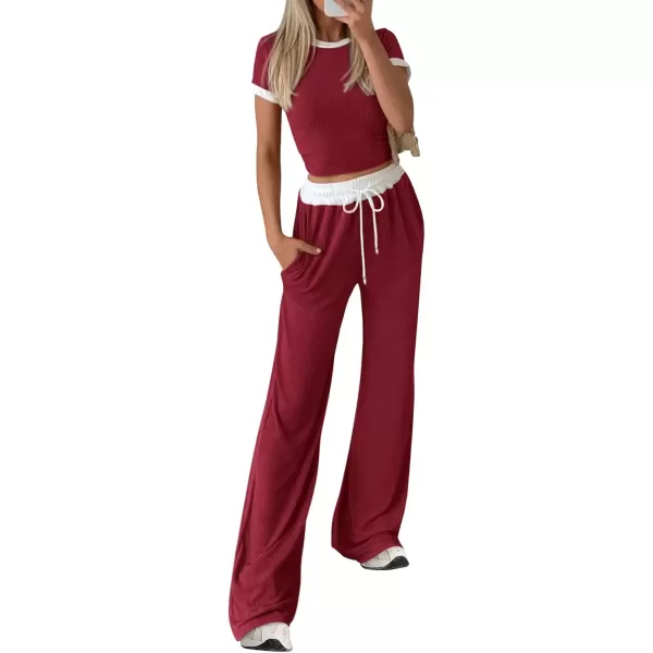 imageBTFBM Womens 2 Piece Outfits Summer Casual Short Sleeve Crew Neck Cropped Tops Elastic Waist Wide Leg Pants Lounge SetWine Red