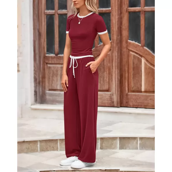 imageBTFBM Womens 2 Piece Outfits Summer Casual Short Sleeve Crew Neck Cropped Tops Elastic Waist Wide Leg Pants Lounge SetWine Red