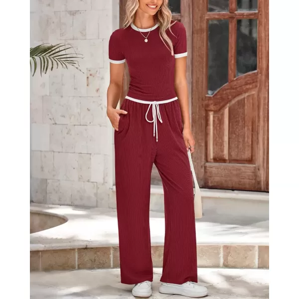imageBTFBM Womens 2 Piece Outfits Summer Casual Short Sleeve Crew Neck Cropped Tops Elastic Waist Wide Leg Pants Lounge SetWine Red