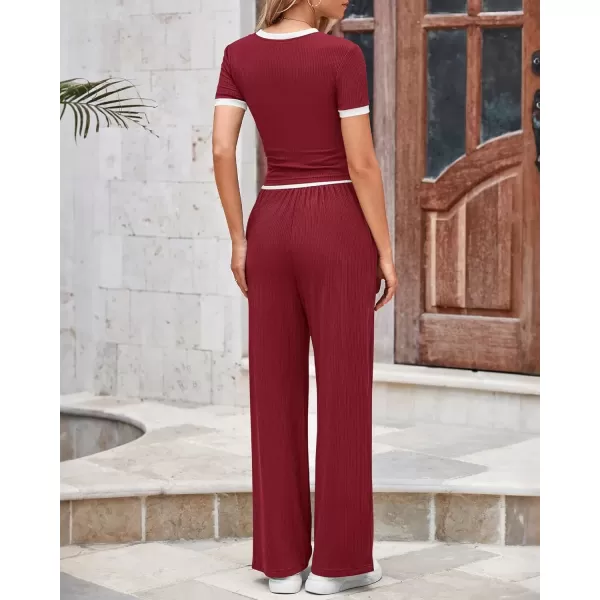 imageBTFBM Womens 2 Piece Outfits Summer Casual Short Sleeve Crew Neck Cropped Tops Elastic Waist Wide Leg Pants Lounge SetWine Red