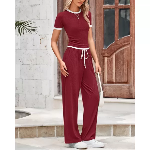 imageBTFBM Womens 2 Piece Outfits Summer Casual Short Sleeve Crew Neck Cropped Tops Elastic Waist Wide Leg Pants Lounge SetWine Red