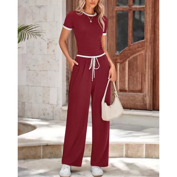 imageBTFBM Womens 2 Piece Outfits Summer Casual Short Sleeve Crew Neck Cropped Tops Elastic Waist Wide Leg Pants Lounge SetWine Red