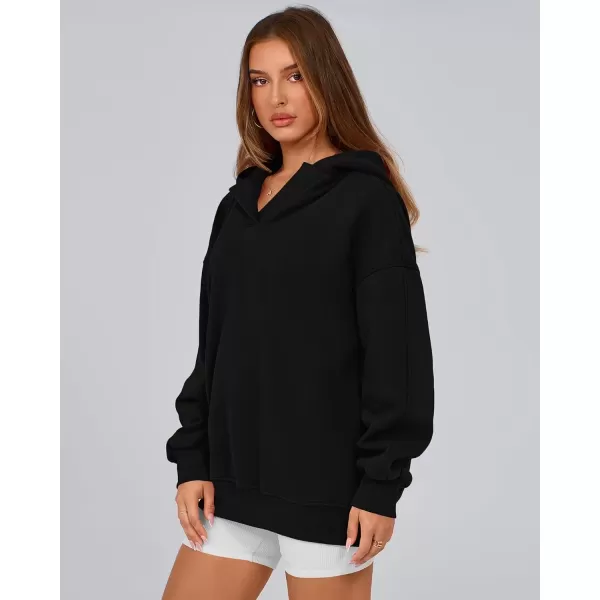 imageBTFBM Womens Oversized Hoodies Casual Fleece Long Sleeve V Neck Sweatshirts 2024 Trendy Fall Outfits Winter ClothesBlack