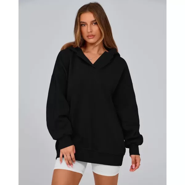 imageBTFBM Womens Oversized Hoodies Casual Fleece Long Sleeve V Neck Sweatshirts 2024 Trendy Fall Outfits Winter ClothesBlack
