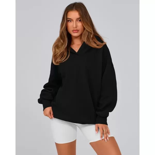 imageBTFBM Womens Oversized Hoodies Casual Fleece Long Sleeve V Neck Sweatshirts 2024 Trendy Fall Outfits Winter ClothesBlack