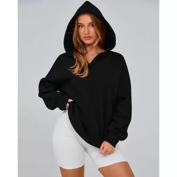 imageBTFBM Womens Oversized Hoodies Casual Fleece Long Sleeve V Neck Sweatshirts 2024 Trendy Fall Outfits Winter ClothesBlack