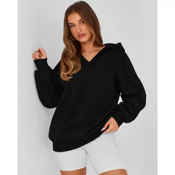 imageBTFBM Womens Oversized Hoodies Casual Fleece Long Sleeve V Neck Sweatshirts 2024 Trendy Fall Outfits Winter ClothesBlack